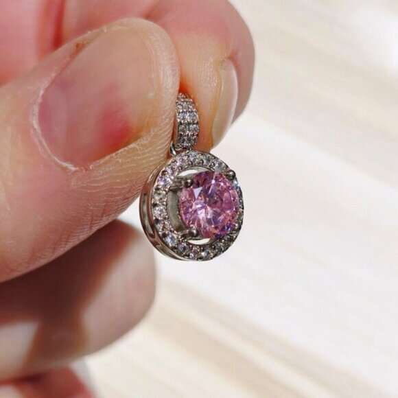 3ct Pink Moissanite ✦ Halo Pendant Necklace ✦ 925 Silver 14K Gold Overlay 18" - Picture 7 of 13